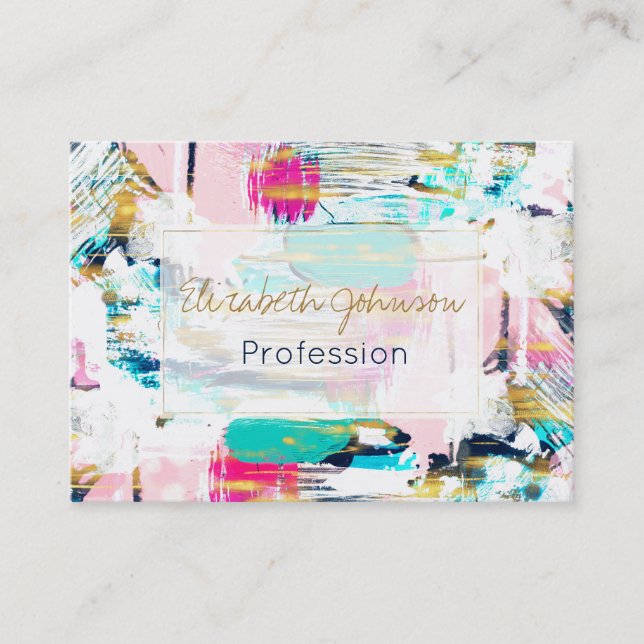 Blue Pink and Gold Brush Painting Business Card (Front)