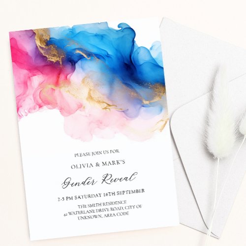 Blue Pink and Gold Watercolor Baby Gender Reveal Invitation