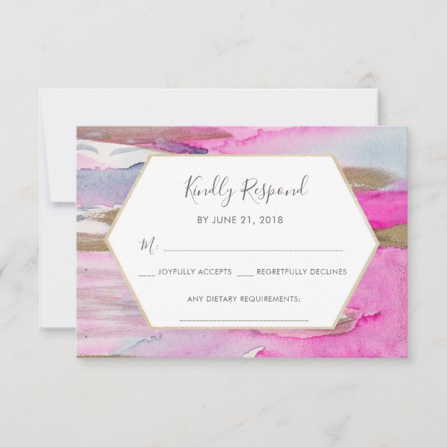 Blue Pink and Gold Watercolor RSVP cards (Front)