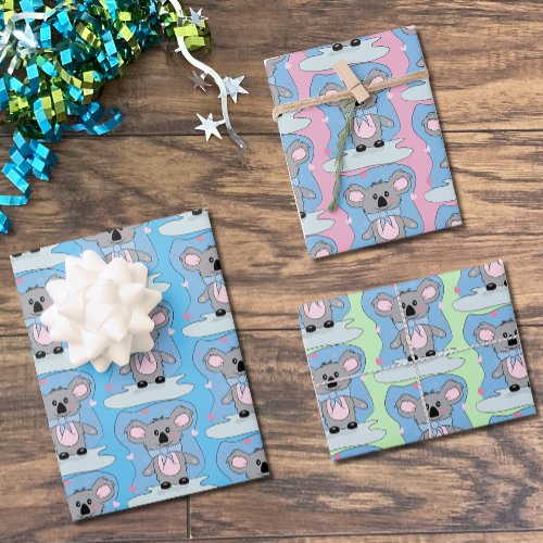 Blue  Pink and Green Baby Shower Koala Giftwrap Wrapping Paper Sheets