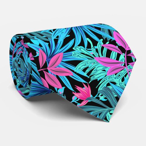 Blue Pink and Green Tropical Leaves Neck Tie