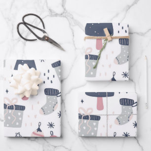 Blue Pink and Grey Christmas Wrapping Paper Sheets