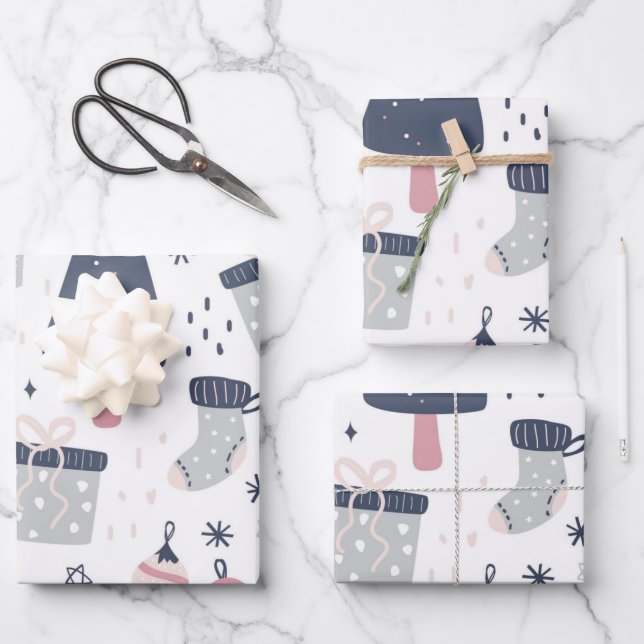 Blue Pink and Grey Christmas Wrapping Paper Sheets (Front)