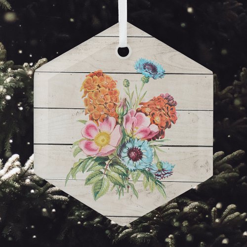 Blue Pink and Orange Bouquet on Rustic Faux Wood  Glass Ornament