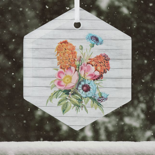 Blue Pink and Orange Bouquet on White Faux Wood  Glass Ornament (Creator Uploaded)