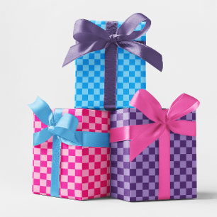 Blue Pink and Purple Checkerboard Multi Wrapping Paper Sheets