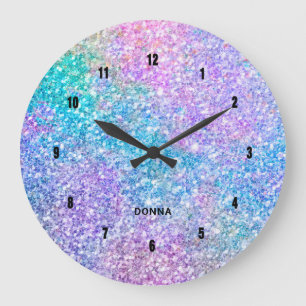 Blue pink and purple colors faux glitter large clock