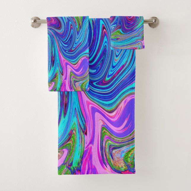 Blue, Pink and Purple Groovy Abstract Retro Art Bath Towel Set (Insitu)