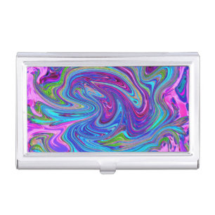 Blue, Pink and Purple Groovy Abstract Retro Art Business Card Case