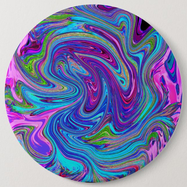 Blue, Pink and Purple Groovy Abstract Retro Art Button (Front)