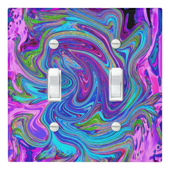 Blue, Pink and Purple Groovy Abstract Retro Art Light Switch Cover (In Situ)