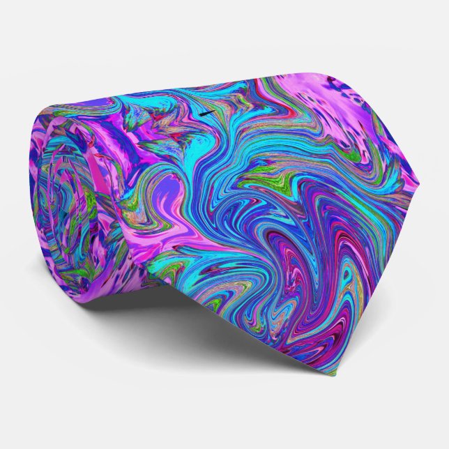 Blue, Pink and Purple Groovy Abstract Retro Art Neck Tie (Rolled)