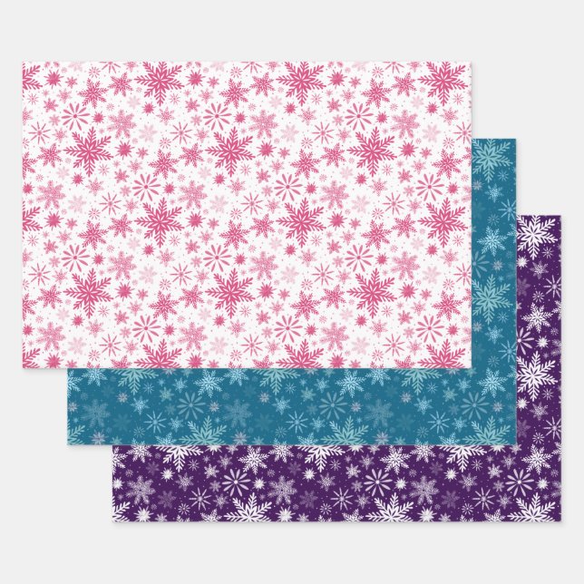 Blue Pink and Purple Snowflakes Wrapping Paper Sheets (Set)