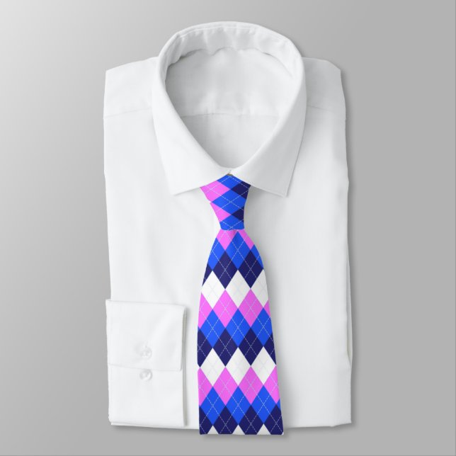 Blue, Pink and White Argyle Neck Tie (Tied)