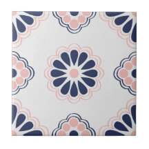 Blue, Pink and White Geometric Floral Tile