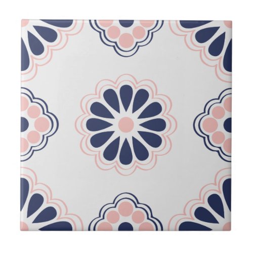 Blue Pink and White Geometric Floral Tile