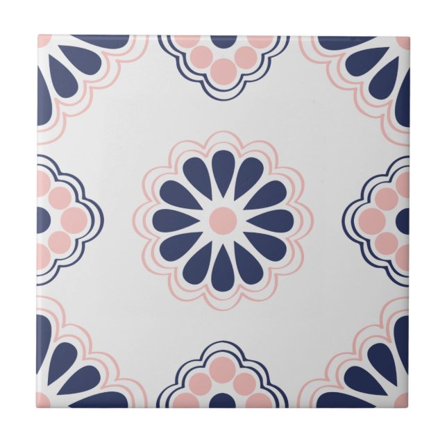 Blue, Pink and White Geometric Floral Tile (Front)