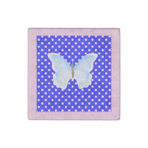 Blue Pink and White Polka Dots Butterfly Stone Magnet