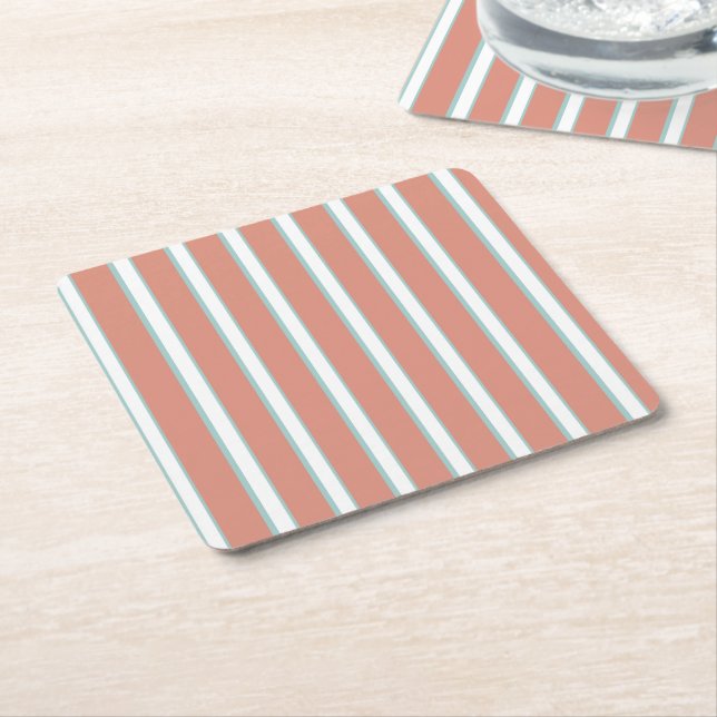 Blue, pink and white stripes pattern square paper coaster (Angled)