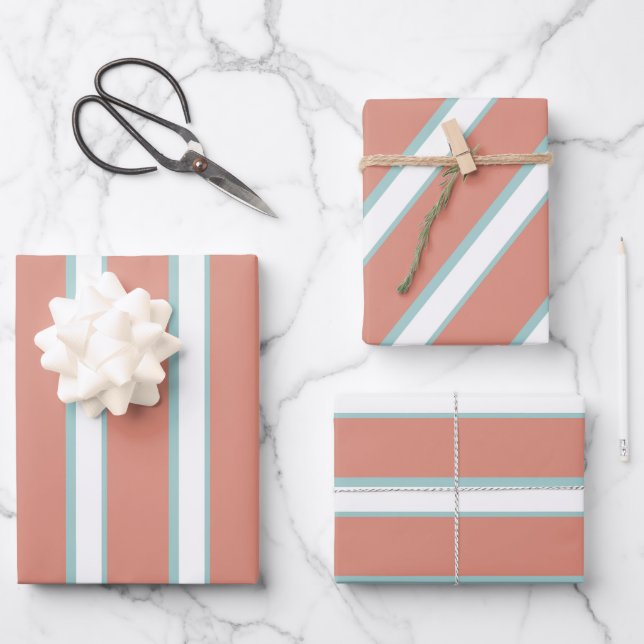 Blue, pink and white stripes pattern wrapping paper sheets (Front)