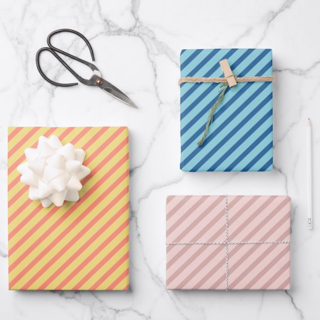 Blue Pink and Yellow Diagonal Stripes  Wrapping Paper Sheets (Front)