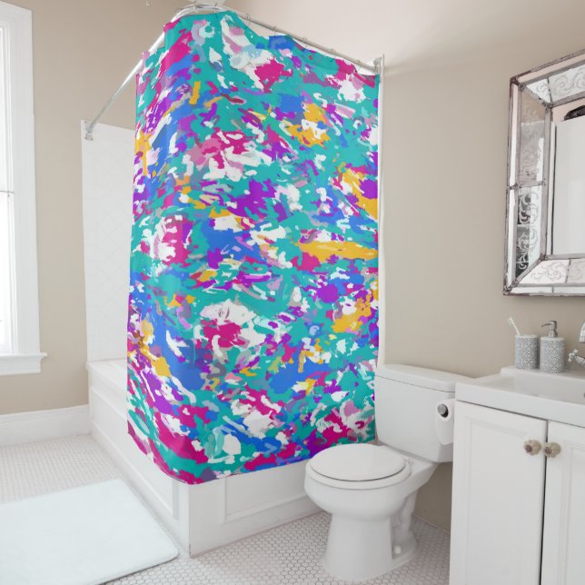 Blue, Pink and Yellow Shower Curtain (In Situ)