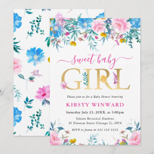 Blue, Pink and Yellow Summer Flowers Baby Shower Invitation