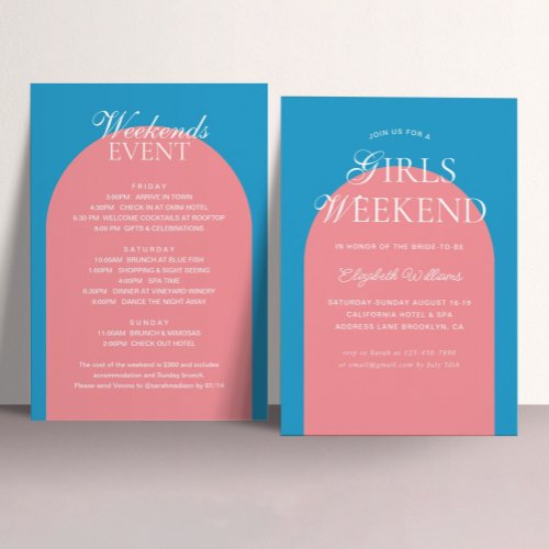 Blue Pink Arch Girls Weekend Bachelorette Party Invitation