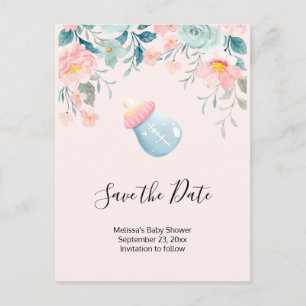 Blue & Pink Baby Bottle Baby Shower Save the Date Invitation Postcard