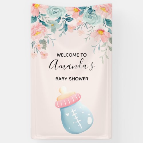 Blue  Pink Baby Bottle Cute Baby Shower Banner