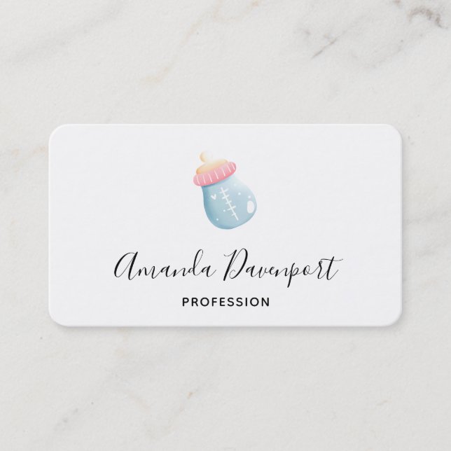 Blue & Pink Baby Bottle Cute Business Card (Front)