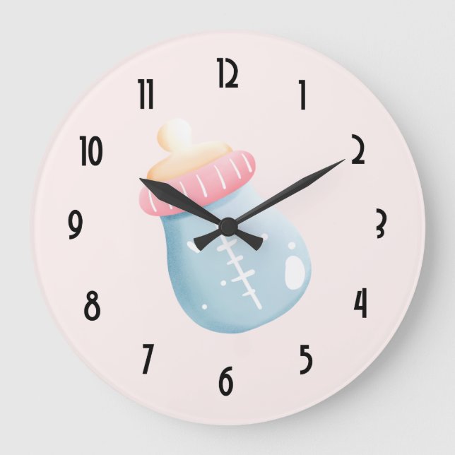 Blue & Pink Baby Bottle Cute Large Clock (Front)