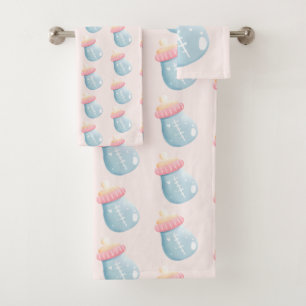 Blue & Pink Baby Bottle Cute Pattern Bath Towel Set