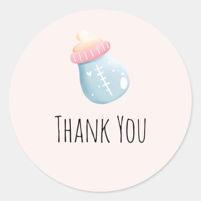 Blue & Pink Baby Bottle Cute Thank You Classic Round Sticker (Front)