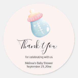 Blue & Pink Baby Bottle Cute Thank You Classic Round Sticker