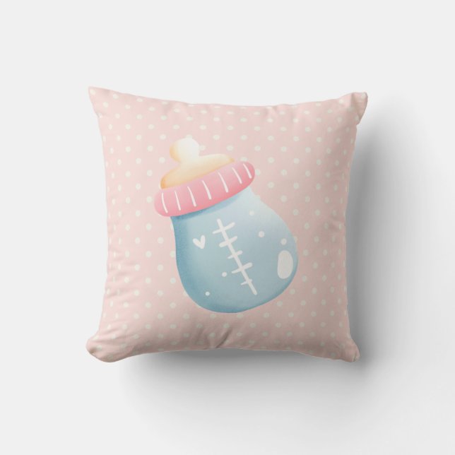 Blue & Pink Baby Bottle Cute Throw Pillow (Front)