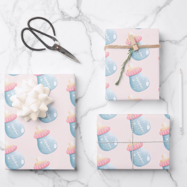 Blue & Pink Baby Bottle Cute Wrapping Paper Sheets (Front)