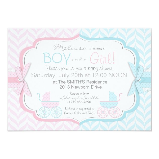 Blue & Pink Baby Carriage Twins Baby Shower Invitation
