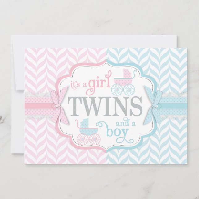 Blue & Pink Baby Carriage Twins Baby Shower Invitation (Front)