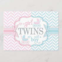 Blue & Pink Baby Carriage Twins Baby Shower Invitation