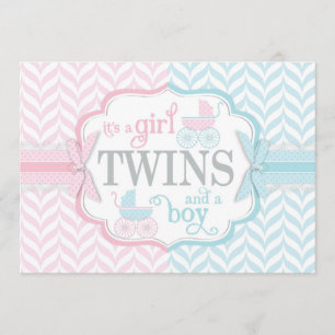 Blue & Pink Baby Carriage Twins Baby Shower Invitation