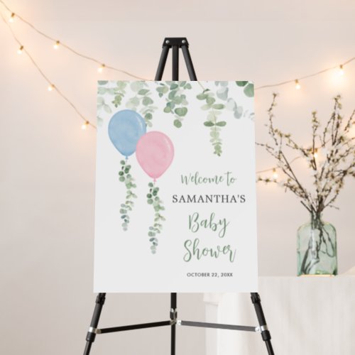 Blue pink balloons baby shower welcome sign