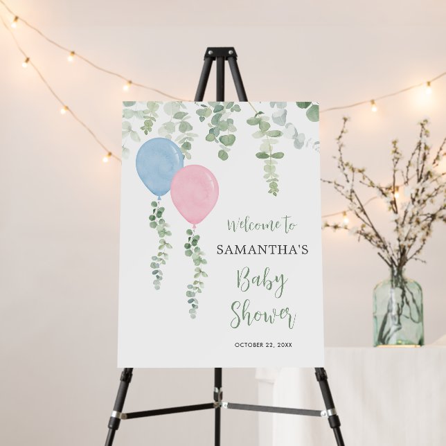 Blue pink balloons baby shower welcome sign (In Situ (Stand))
