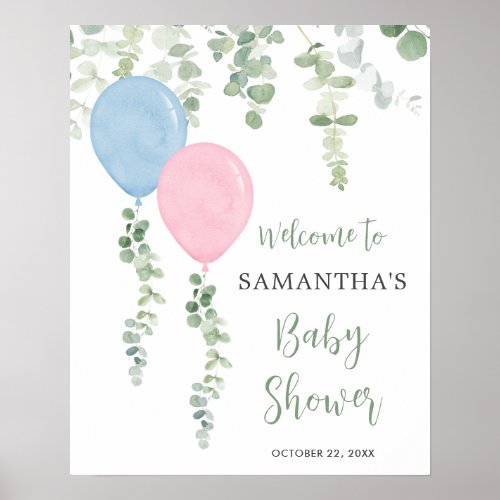 Blue pink balloons baby shower welcome sign