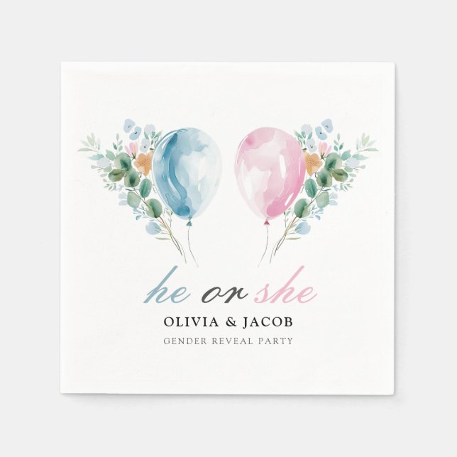 Blue Pink Balloons Gender Reveal Party Napkins (Front)