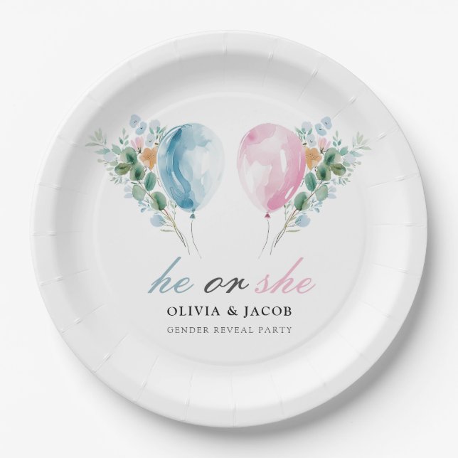 Blue Pink Balloons Gender Reveal Party Paper Plates (Front)