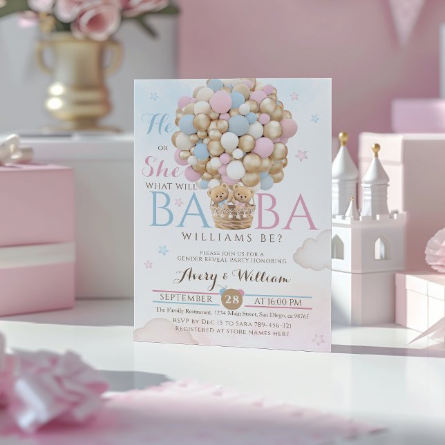 Blue Pink Bear Balloon Gender Reveal Baby Shower Invitation (Creator Uploaded)