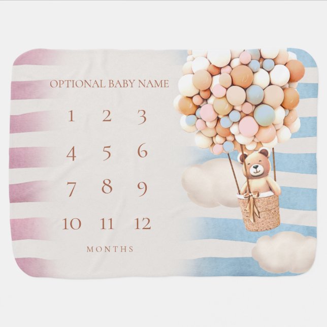 Blue Pink Bear Balloons Milestone Baby Blanket (Horizontal)