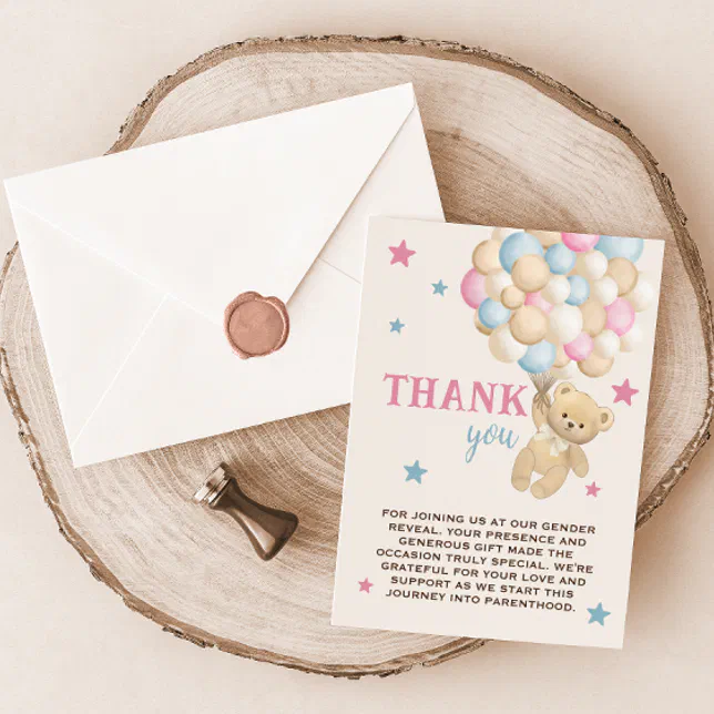 Blue Pink Bear & Balloons Modern Gender Reveal Thank You Card | Zazzle