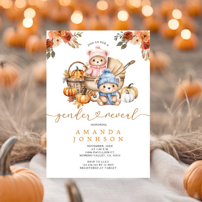Blue & Pink Bears Stroller Pumpkin Gender Reveal Invitation (Creator Uploaded)